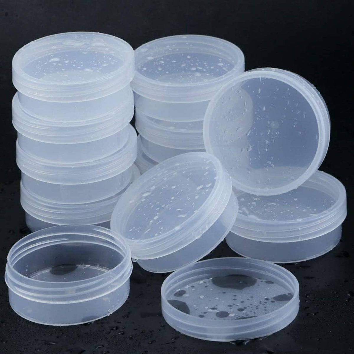 Round clear frosted plastic jar containers, grouped stack with translucent lids