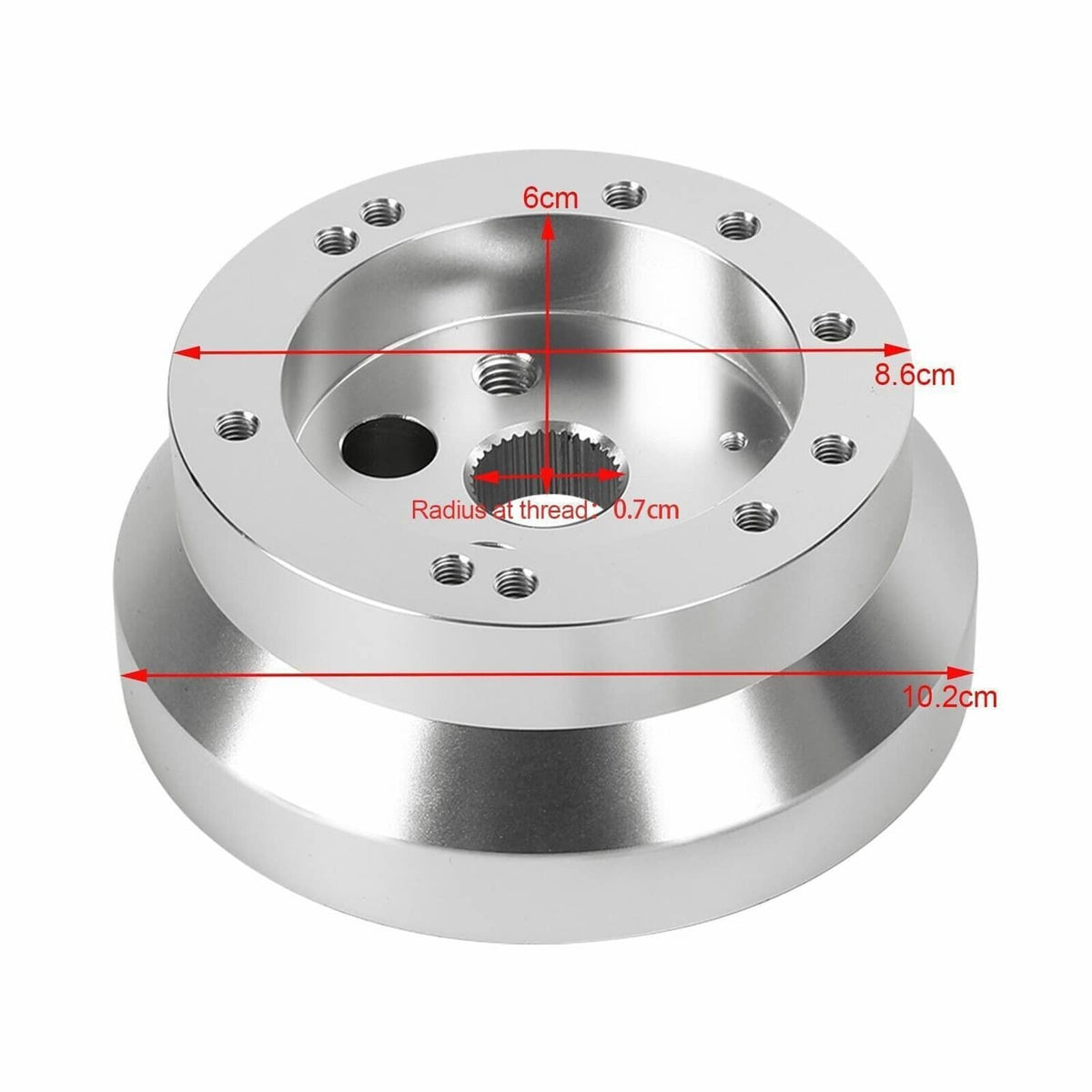 Steering wheel hub adapter with labeled dimensions on silver mounting face