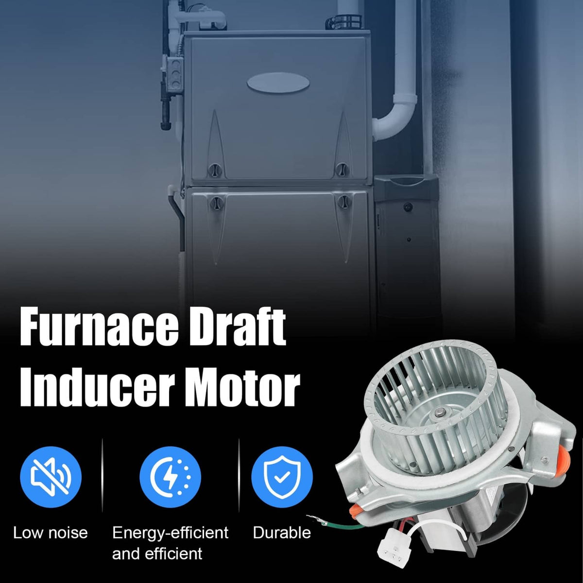 Furnace draft inducer motor assembly with vented blower wheel and wiring on gray housing