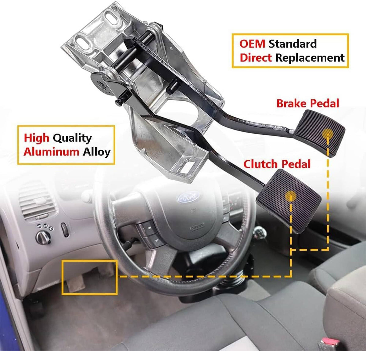 Brake clutch pedal bracket mount assembly, aluminum alloy with black rubber pedal pads