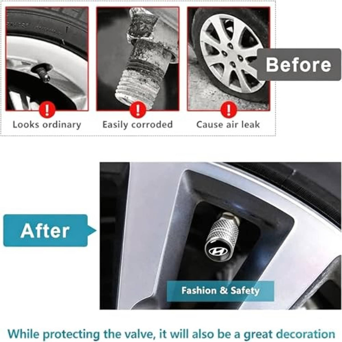 Tire valve stem cap in wheel area, silver textured design with black logo emblem.
