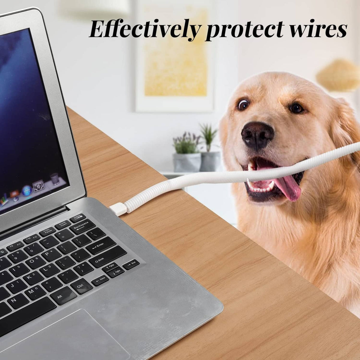 White cord cover protecting a cable along desk edge with ribbed texture