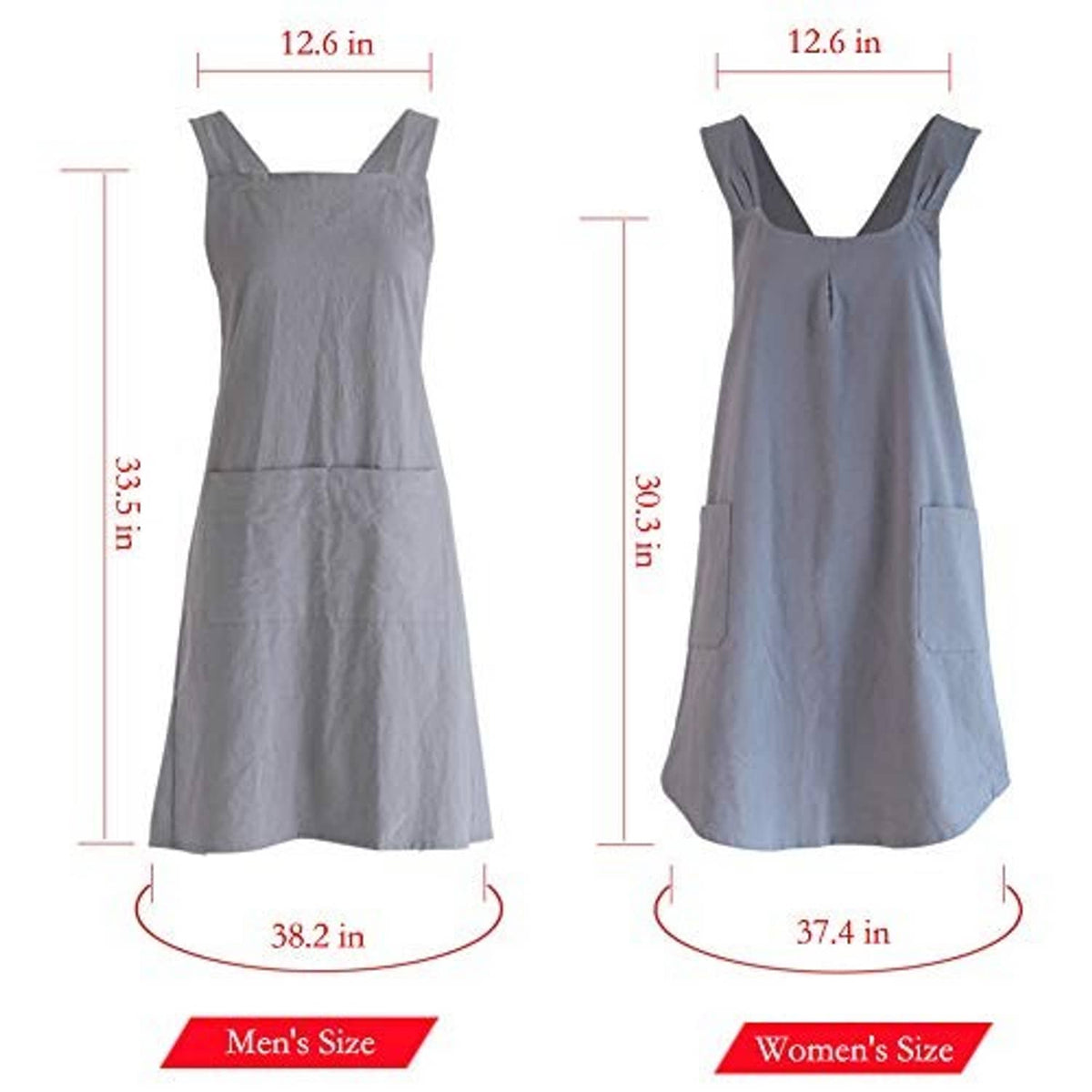 Gray apron size diagram showing cross-back apron dimensions and pockets