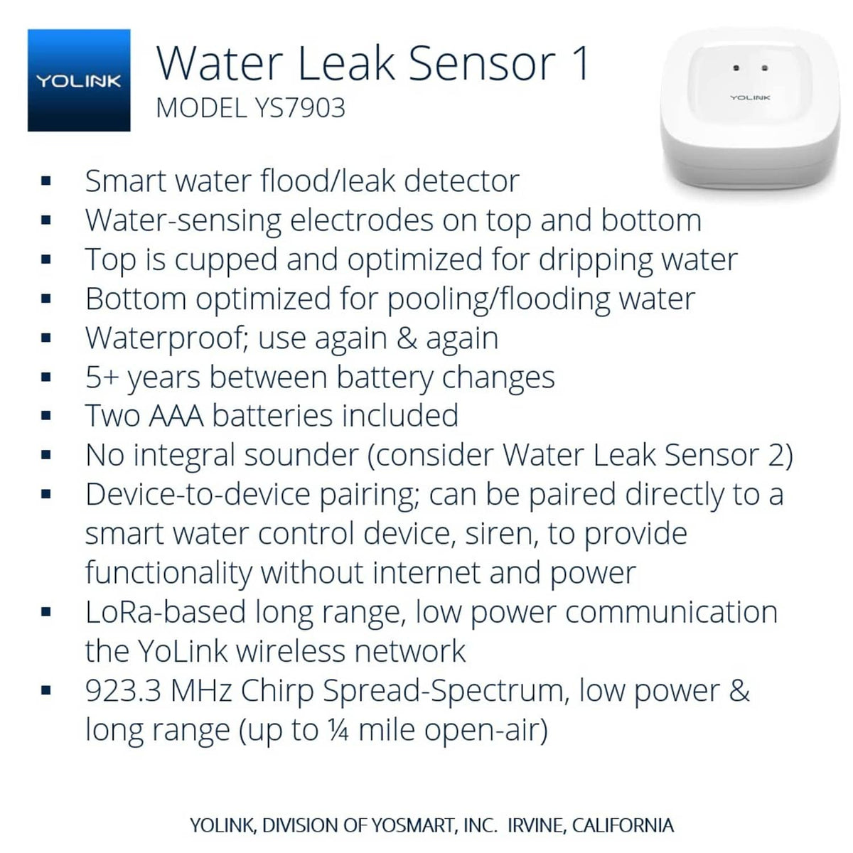 YoLink white water leak sensor with top electrodes and rounded base