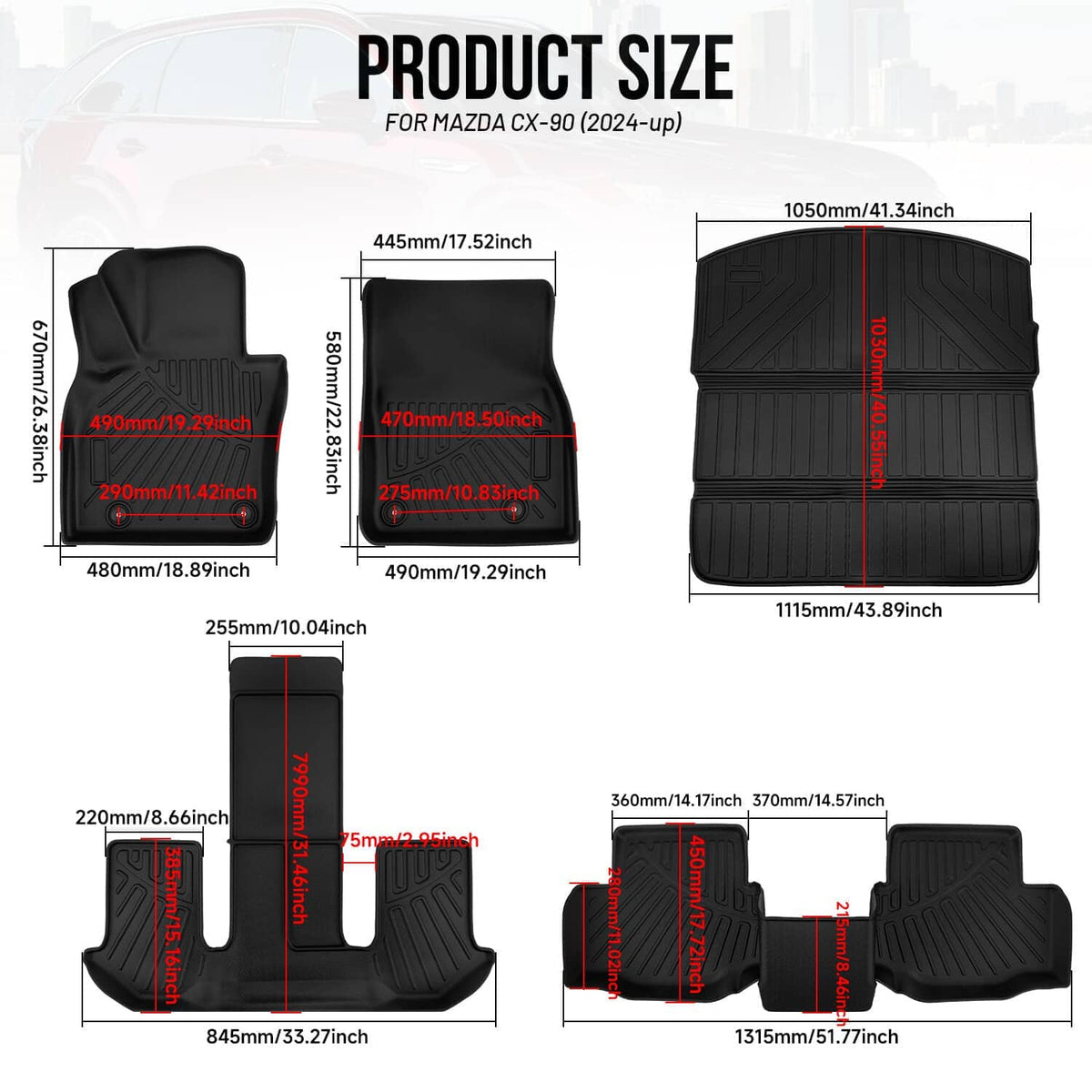 Vehicle floor mat set sizing diagram for Mazda CX-90 2024-up, black with raised tread