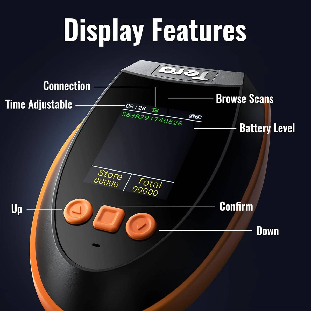 Barcode scanner front view with illuminated display and orange function buttons