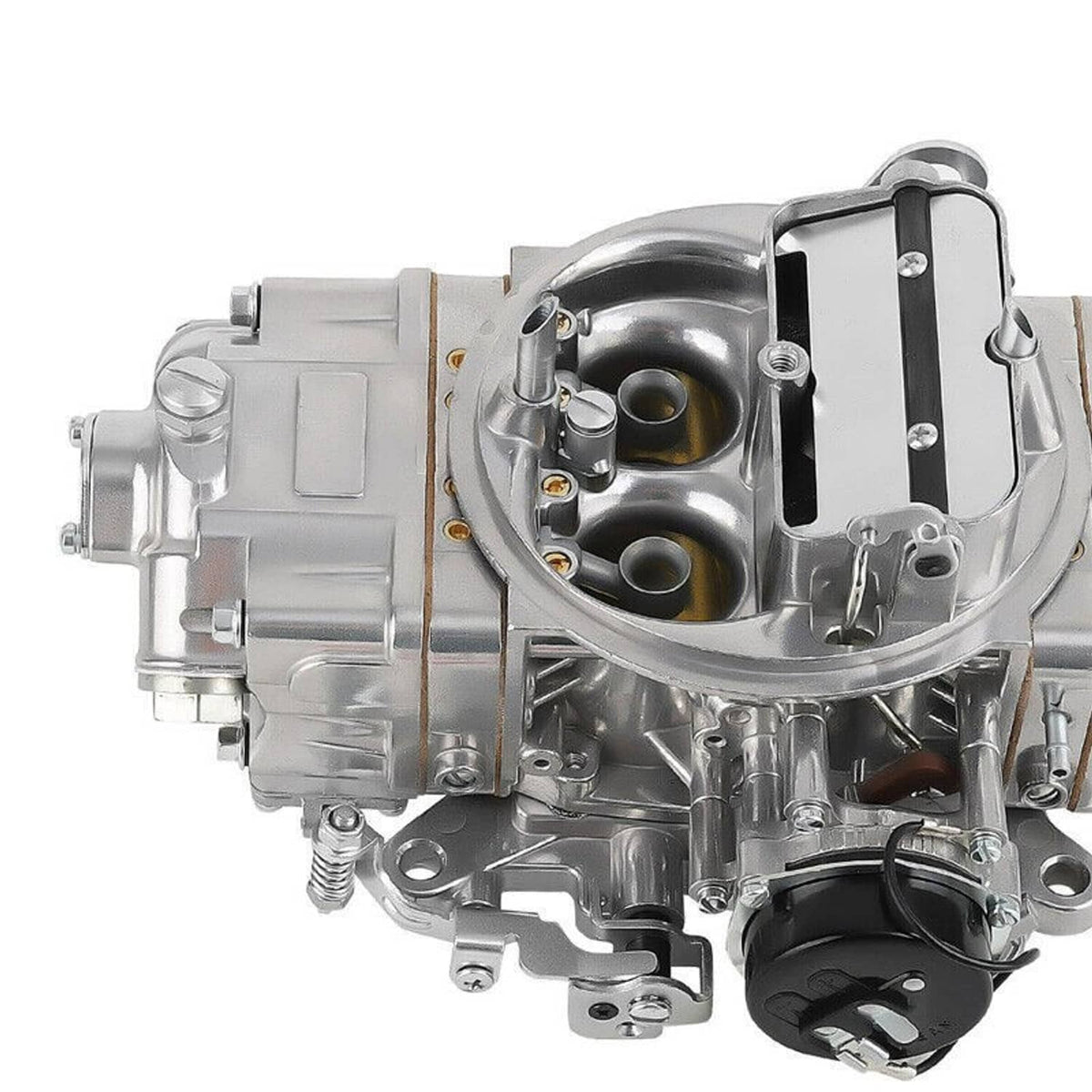Four-barrel carburetor with electric choke, close-up of inlet housing and two bores