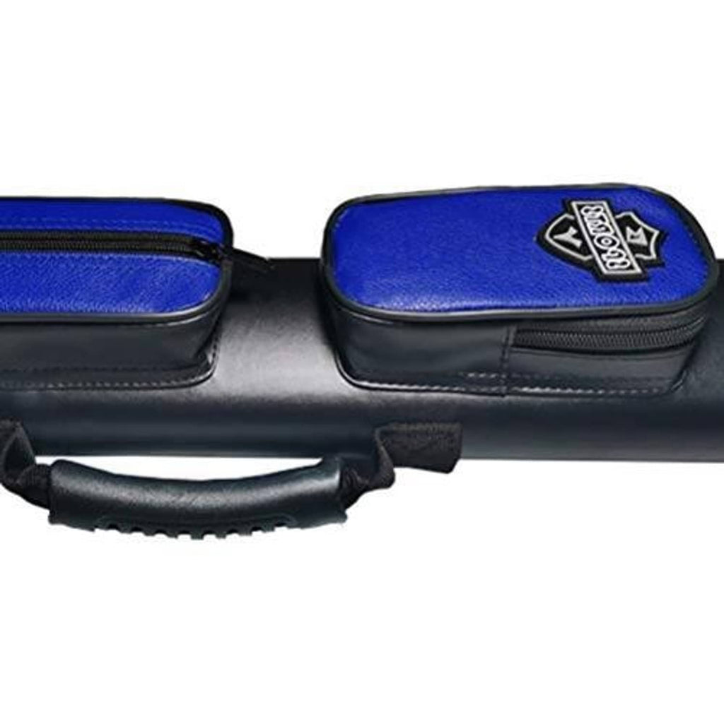 Blue padded end sections of a black pool cue case with zip compartments.