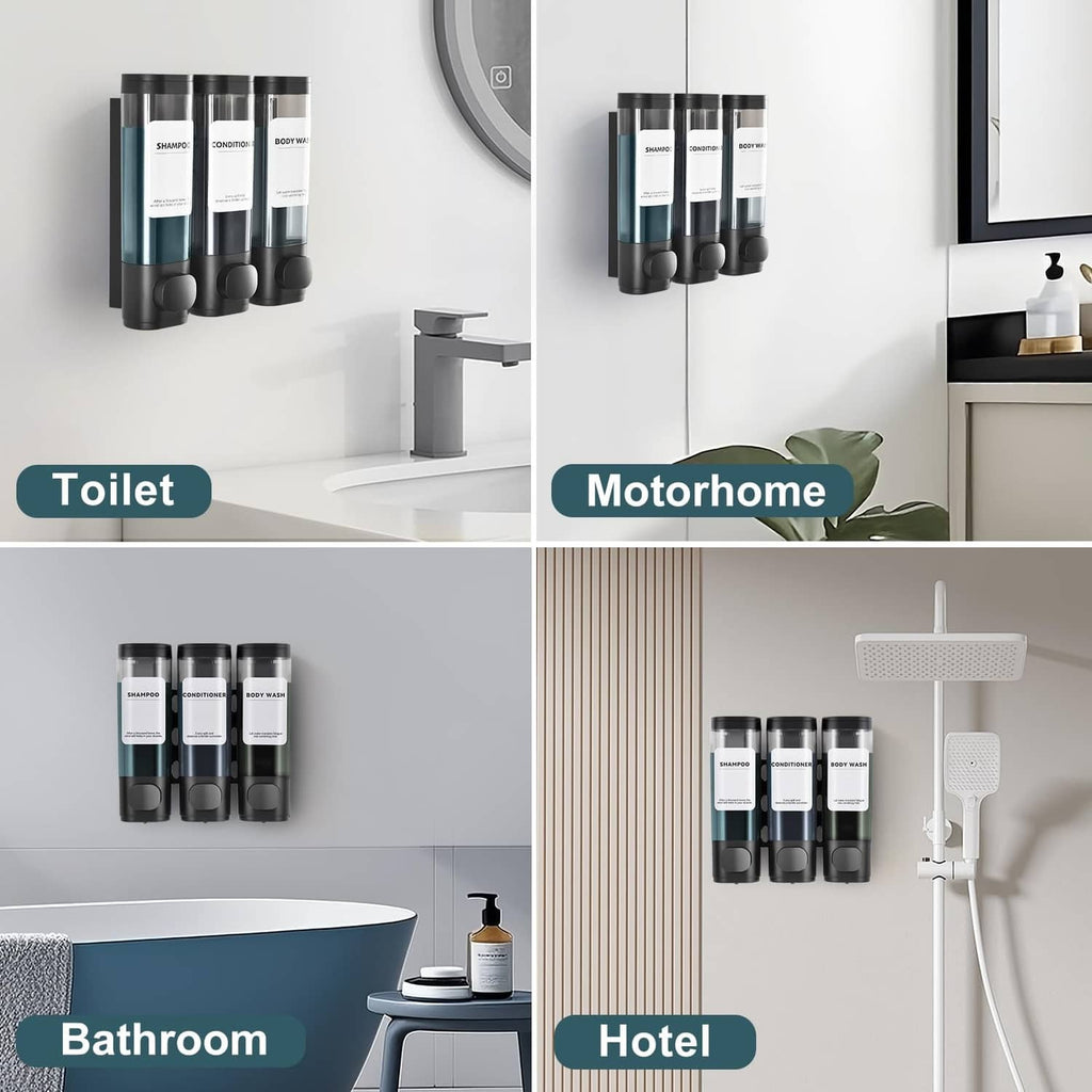 Black 3-chamber shower soap dispensers mounted on walls for bathroom or hotel