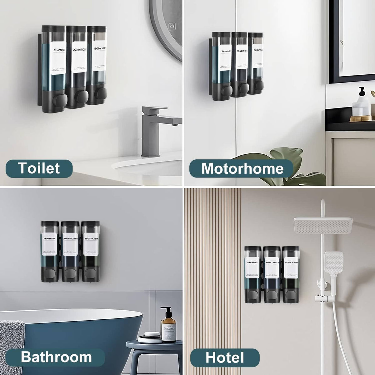 Black 3-chamber shower soap dispensers mounted on walls for bathroom or hotel