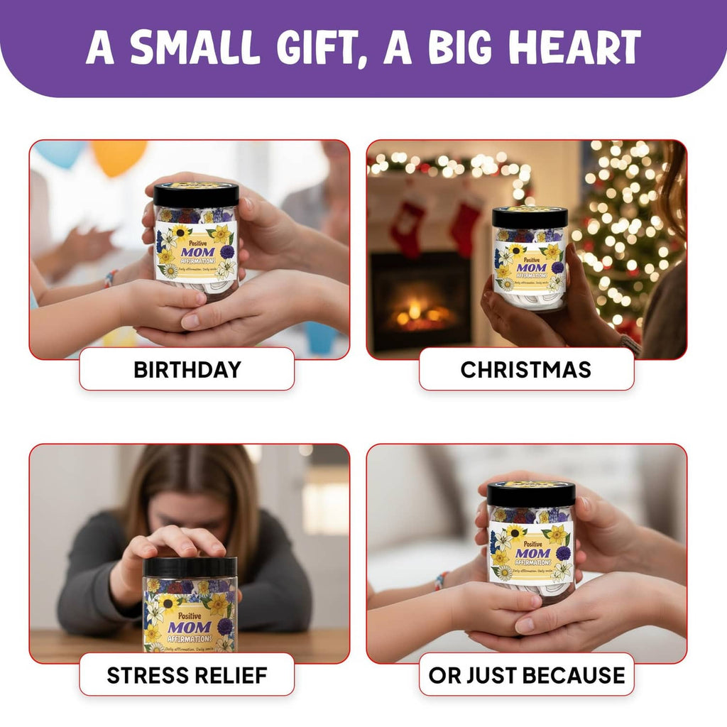Mom affirmation jar held by hands, with floral message cards shown in occasion panels
