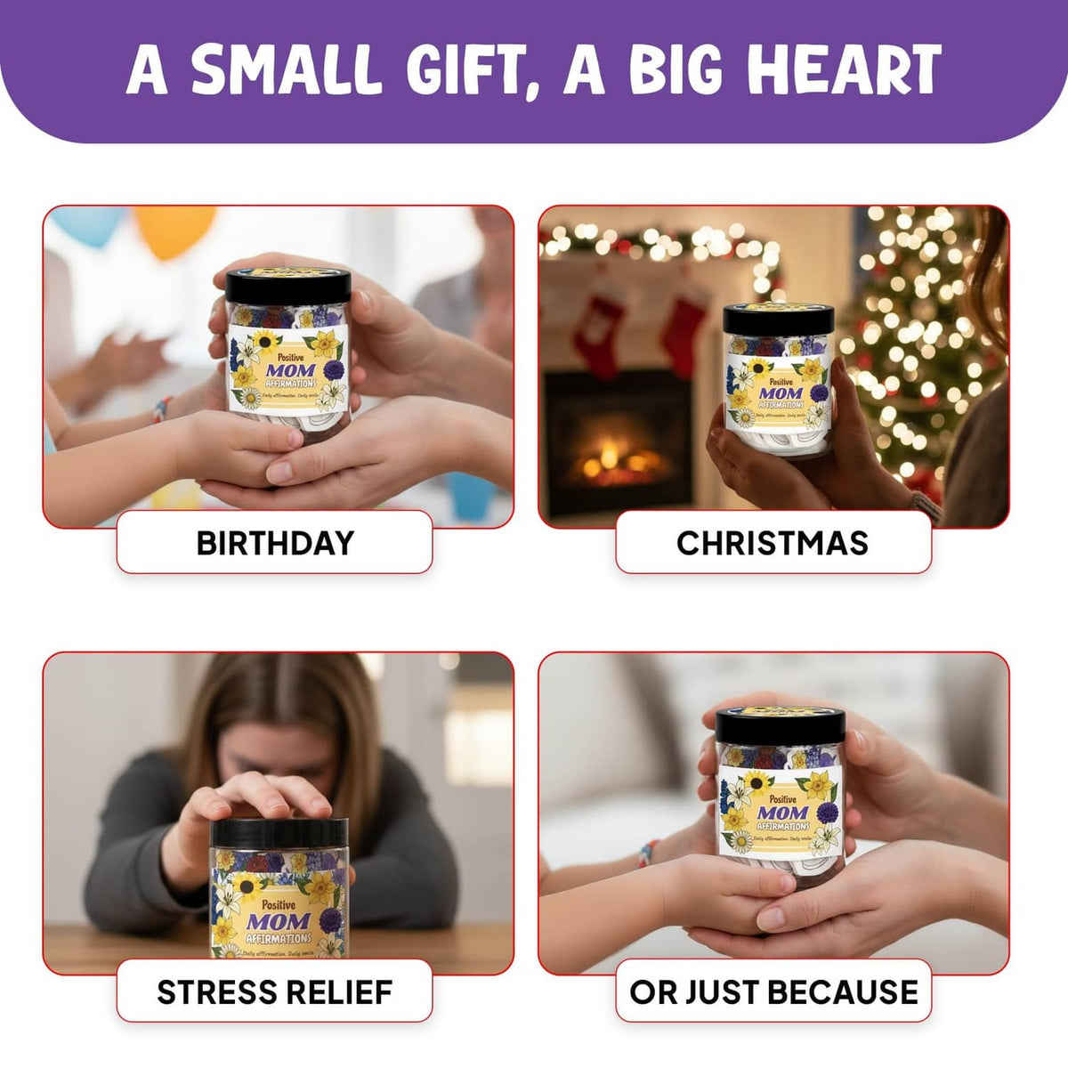 Mom affirmation jar held by hands, with floral message cards shown in occasion panels