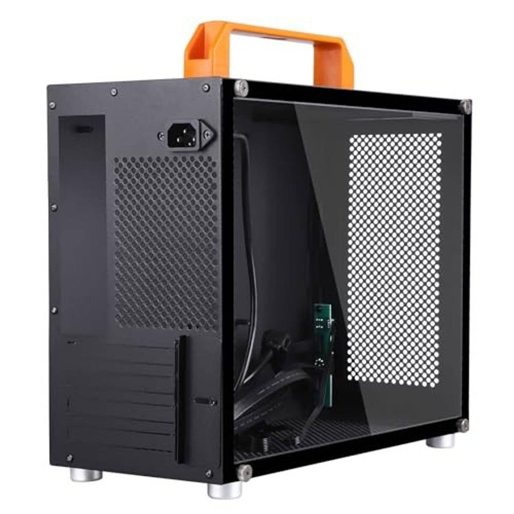 SFF mini-tower PC case with open rear section, mesh grille, and black interior