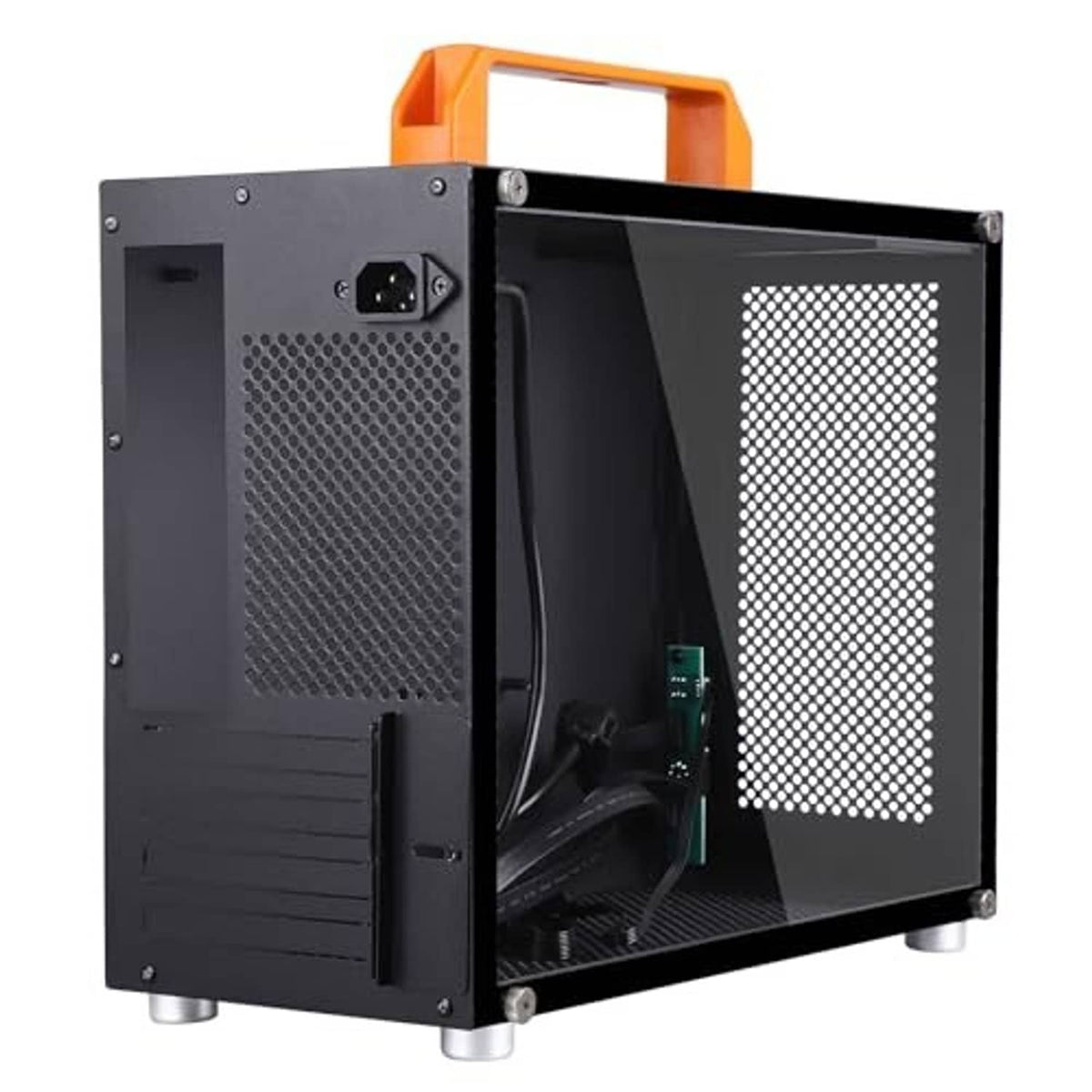 SFF mini-tower PC case with open rear section, mesh grille, and black interior