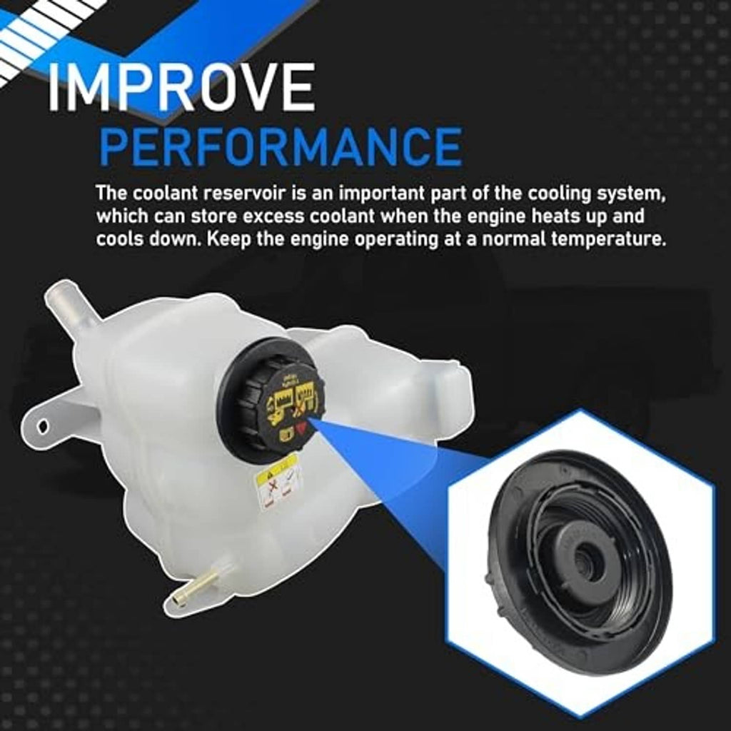 White coolant overflow reservoir tank with black cap and side outlet nozzle