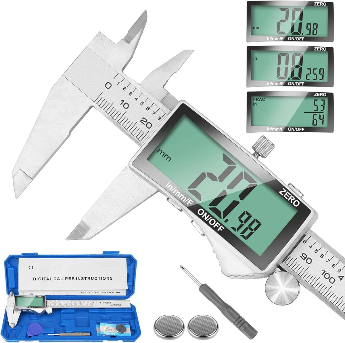 Digital caliper set with extra-large LCD screen, ruler scale, and accessory probes