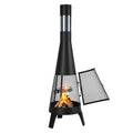Outdoor chiminea firepit with black base, tall stainless chimney, and open mesh door