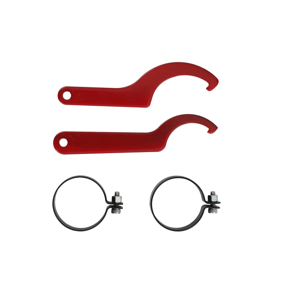 Suspension tool kit with two red wrenches and two black circular clamps