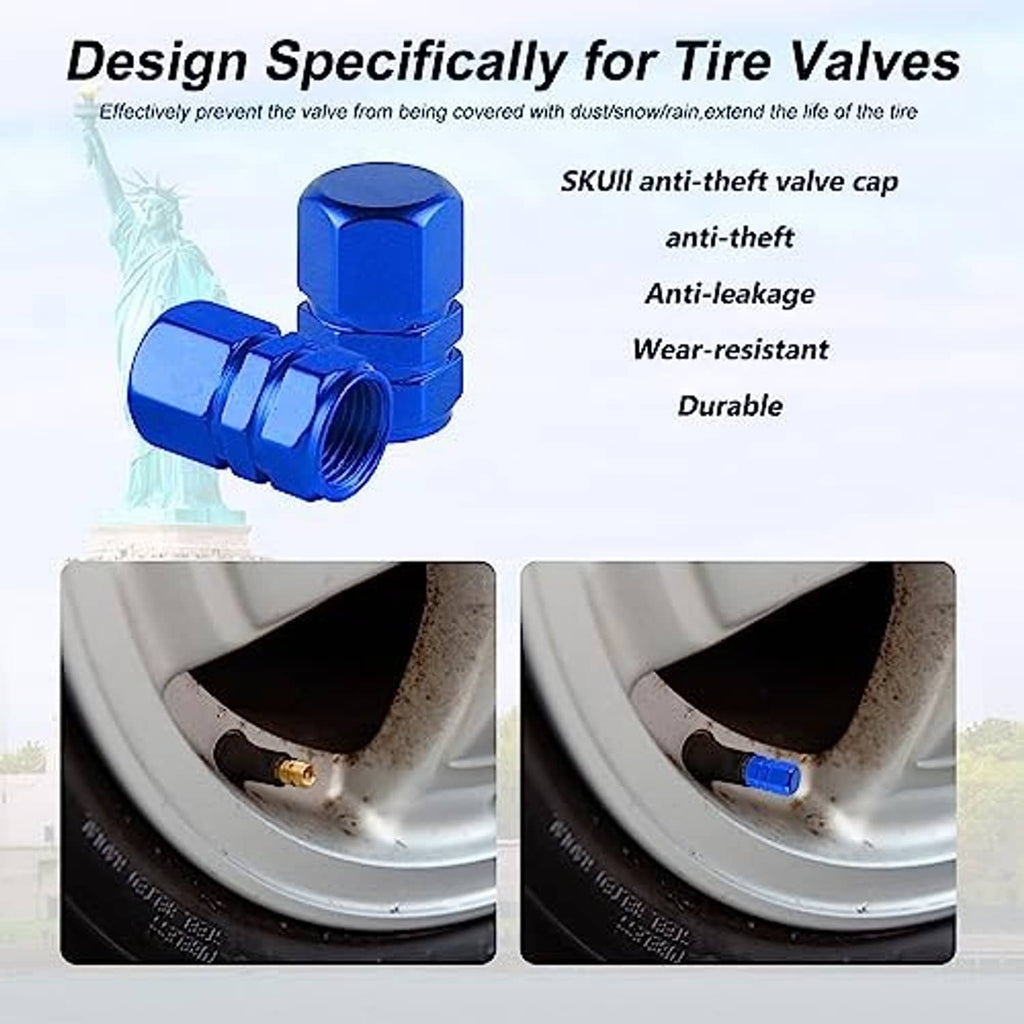 Blue aluminum tire valve stem cap with threaded opening and rubber O-ring.