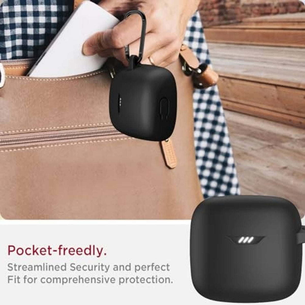 Black earbuds case with carabiner clipped to bag strap