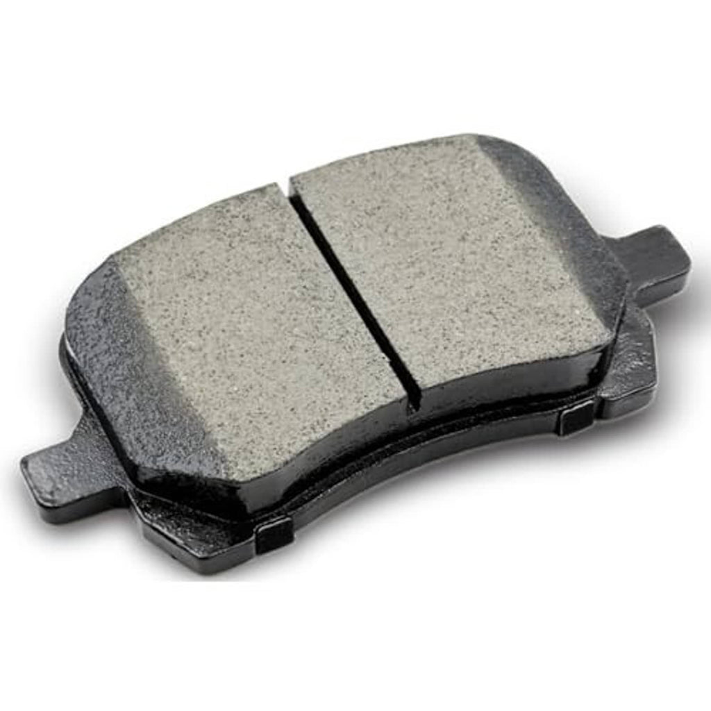 Ceramic brake pad with gray friction material and black metal mounting ears