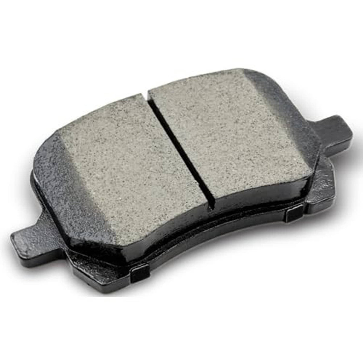 Ceramic brake pad with gray friction material and black metal mounting ears