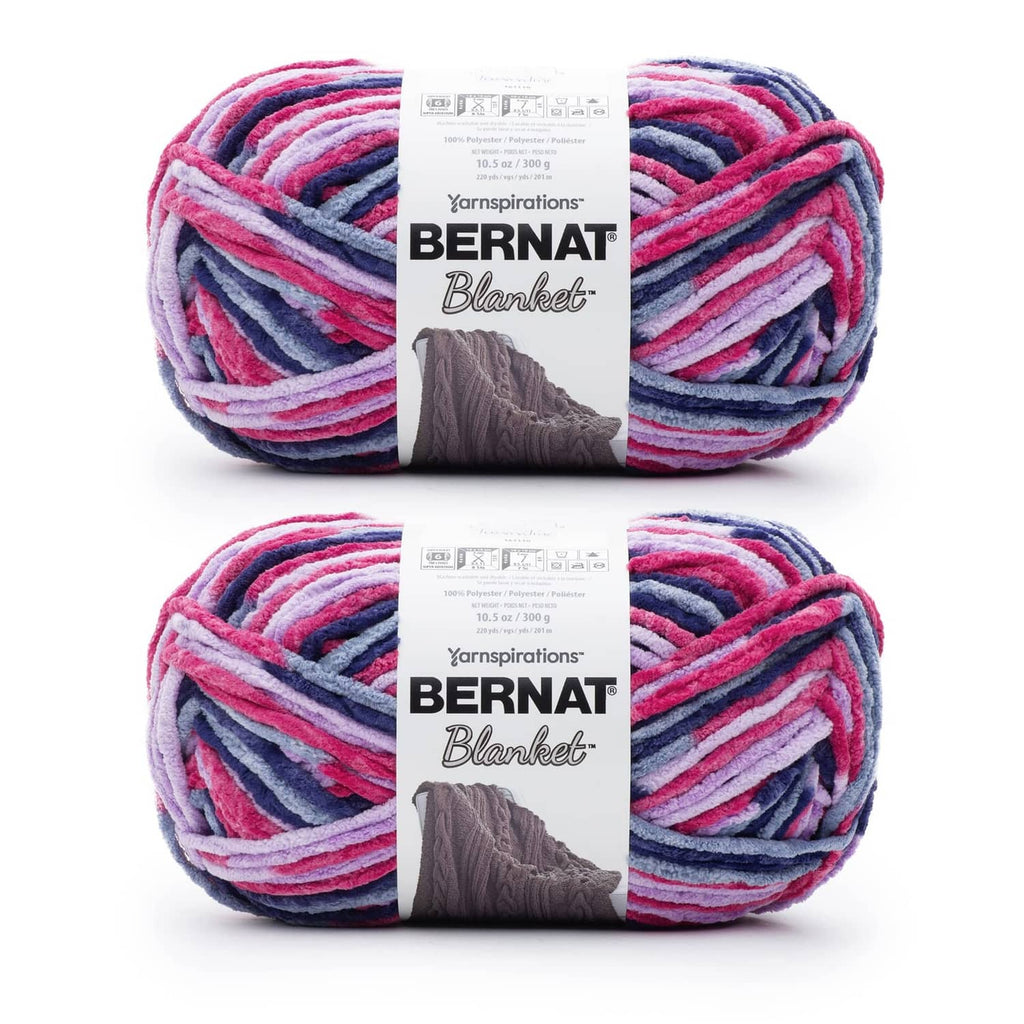 Super bulky chenille yarn 2-pack, striped pink blue purple skeins with labels