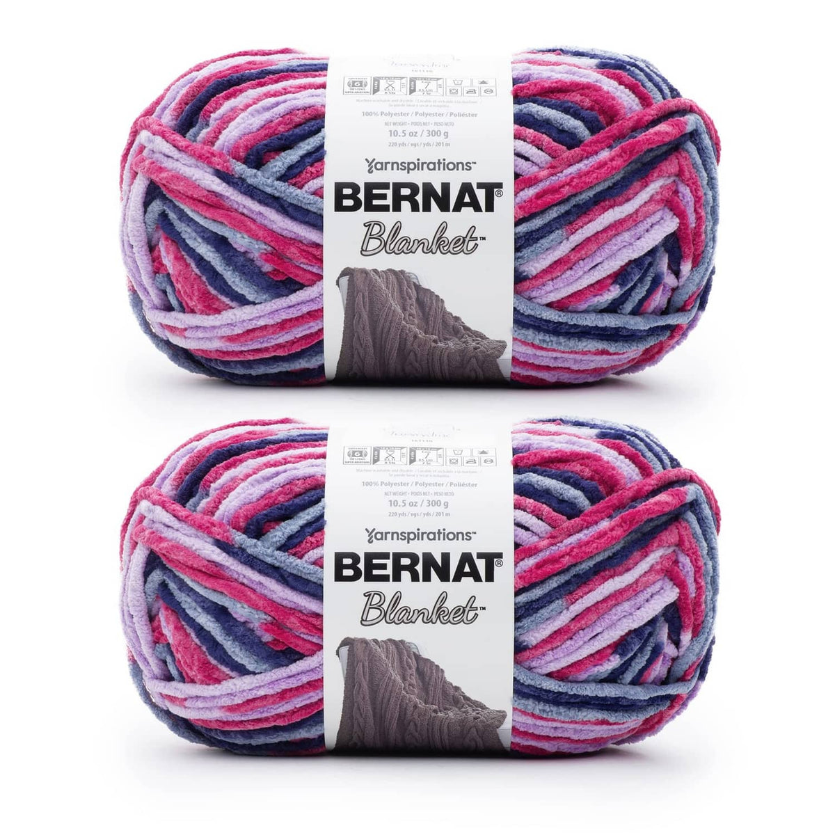Super bulky chenille yarn 2-pack, striped pink blue purple skeins with labels