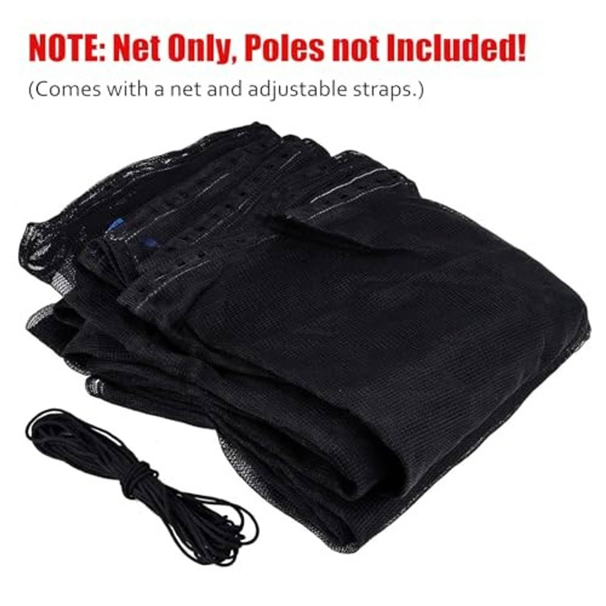 Trampoline replacement safety net with black mesh cover and attached rope cord