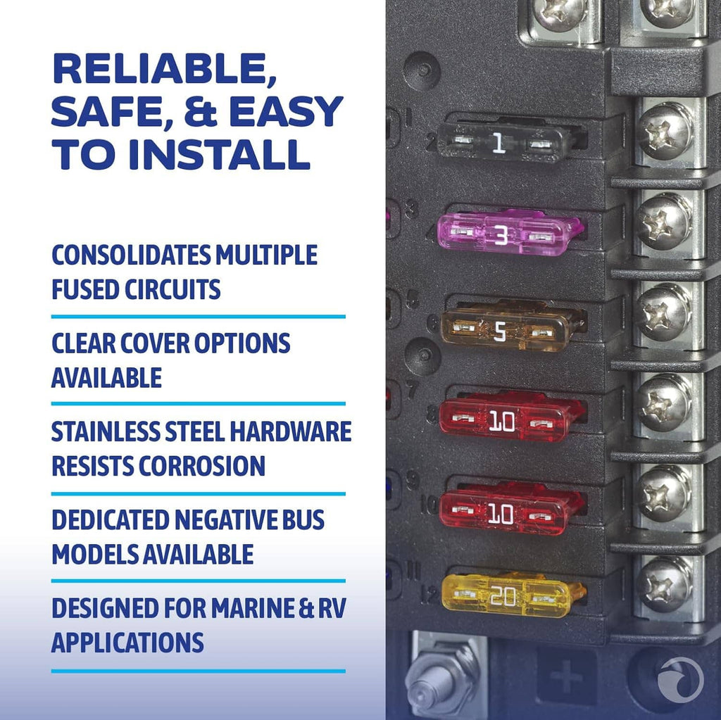 Blade fuse block close-up with clear cover and stacked metal terminal screws