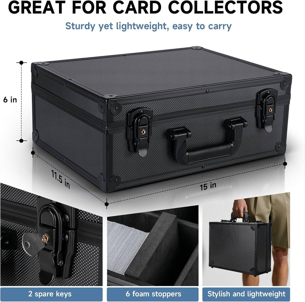 Black lockable trading card case with carry handle, foam dividers, and spare keys