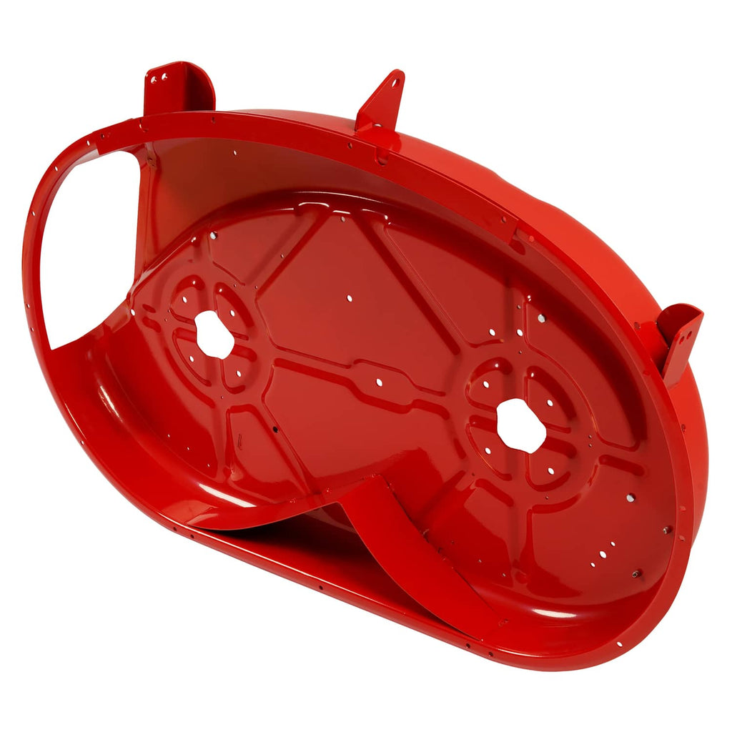 Red mower deck side view with curved housing, holes, and attachment tabs