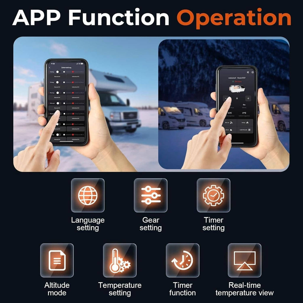 Mobile app interface for controlling diesel air heater with timer and temperature icons