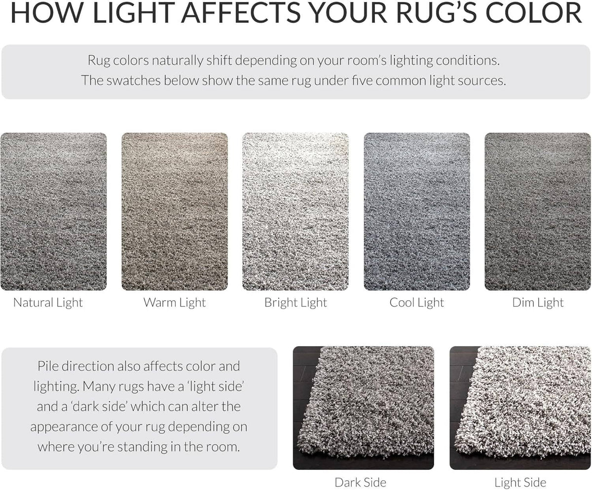 Light gray shag rug swatches showing color shift under different lighting