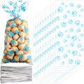 Clear dog treat cellophane bag and matching blue paw print sheets, shown as a set with seal edge.