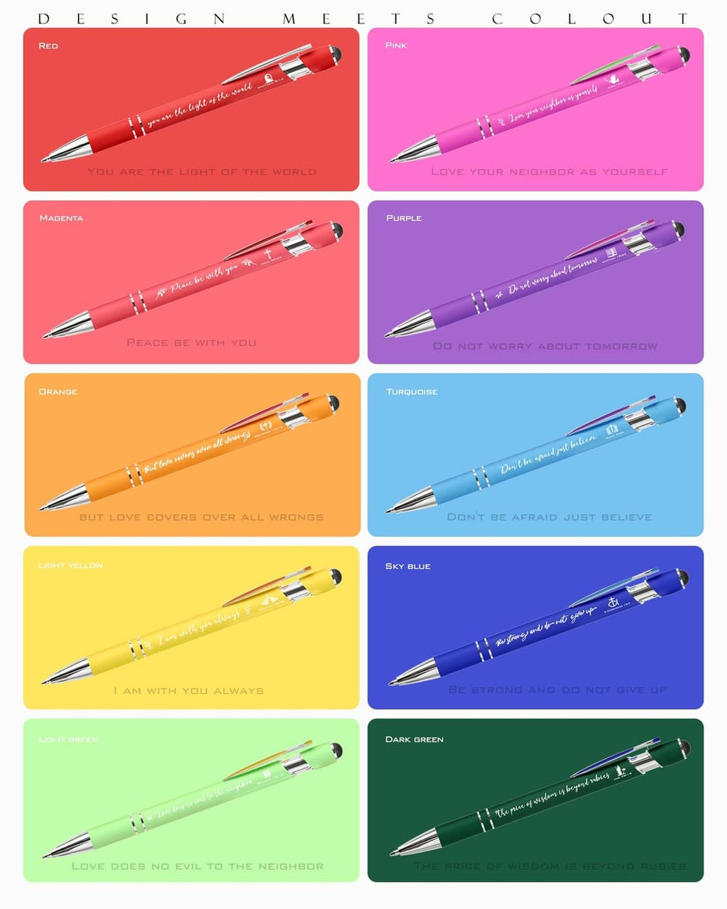 Stylus pens in assorted colors with fine metal tip for writing and phone use