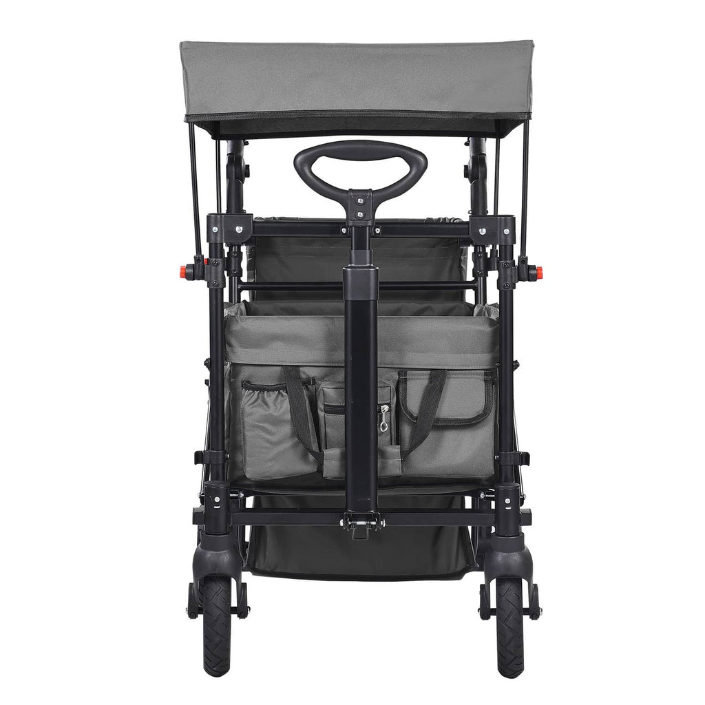 Front view of dark gray double wagon stroller with canopy and two seat openings