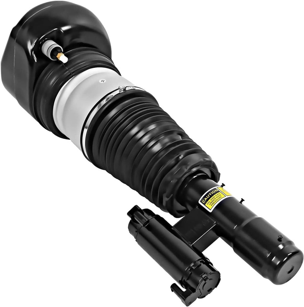 Front air suspension strut with black bellows, silver piston rod, and base mounting bracket