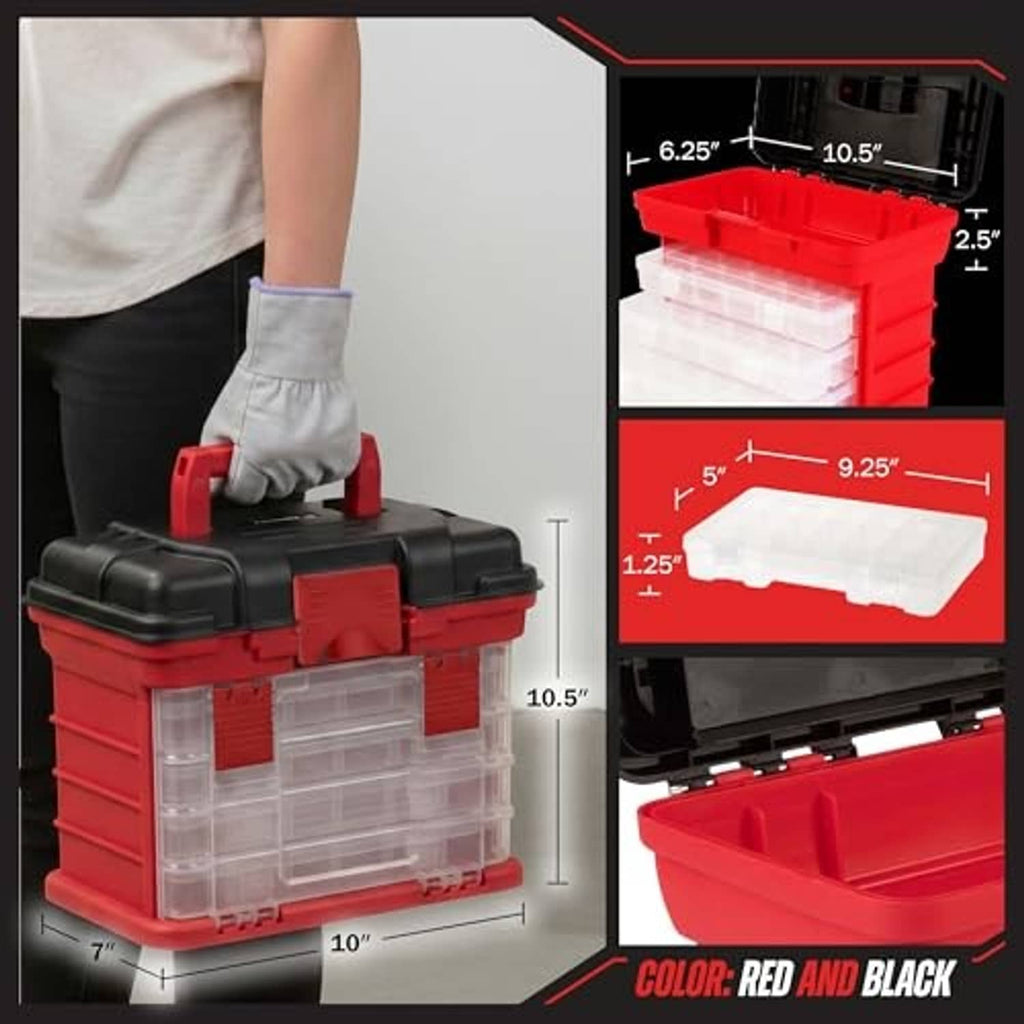 Red and black small parts organizer with clear drawers, held by a gloved hand