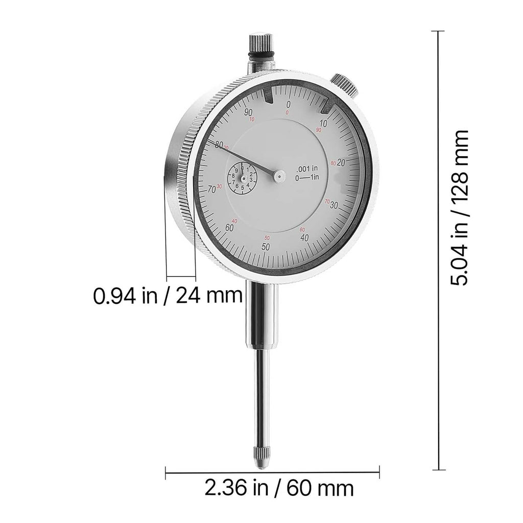 Dial test indicator with round gauge face, 60 mm metal stem, 24 mm diameter