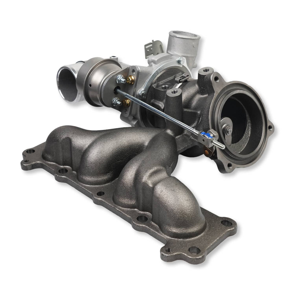 Turbocharger with silver compressor housing and cast exhaust manifold, angled view