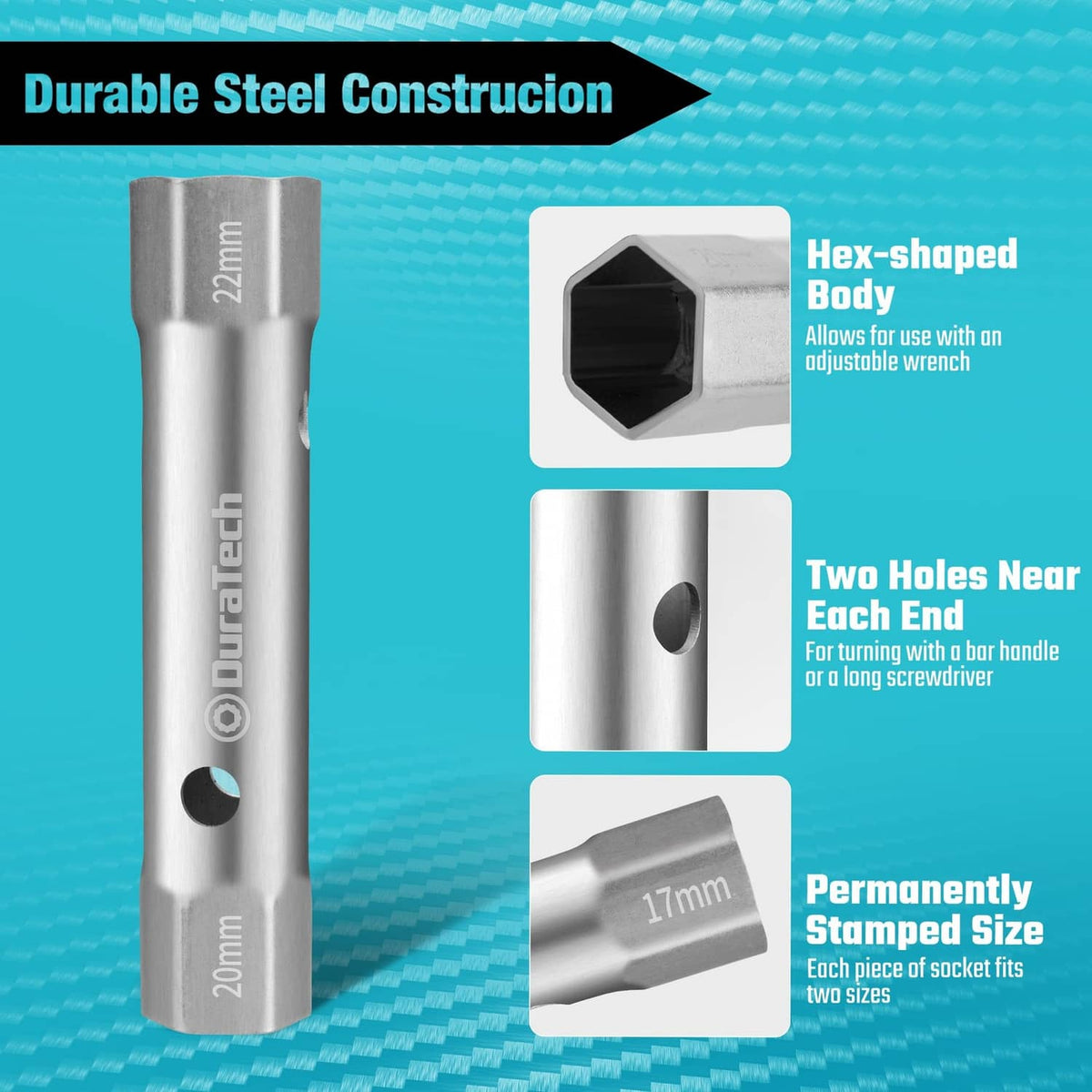 DURATECH silver hex socket wrench end with marked 22mm and 17mm sizes