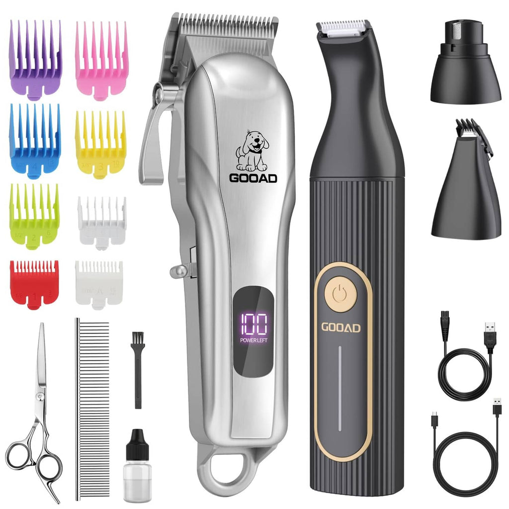 Gooad dog grooming clippers kit with silver main trimmer, black detail trimmer, guards
