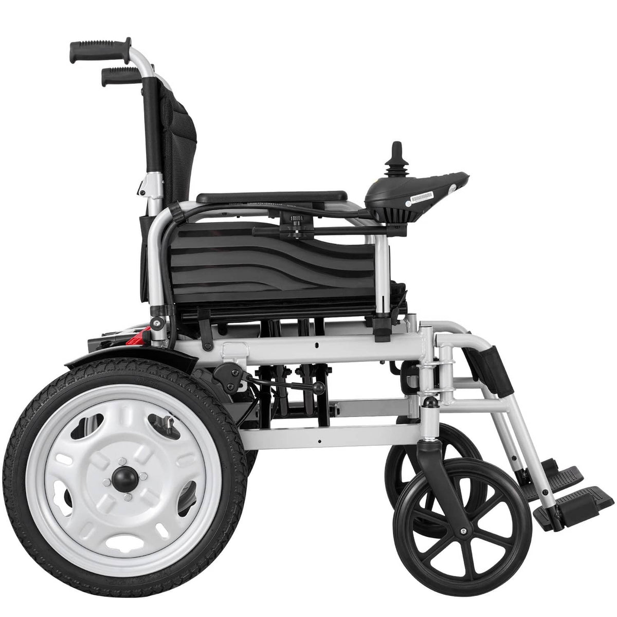 Folding wheelchair with black seat, white wheels, and adjustable leg rests, profile view