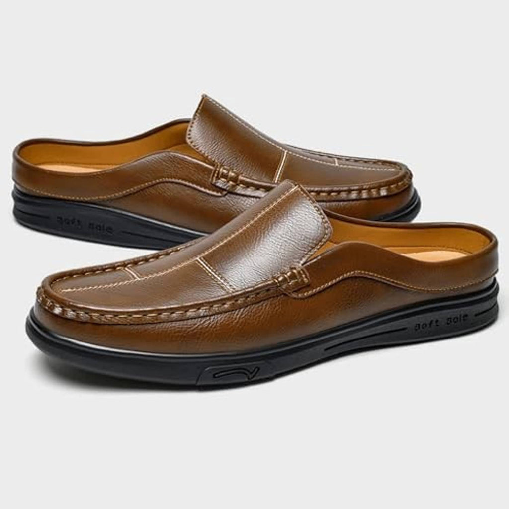 Brown leather slip-on loafers with contrasting light tan strap panel and cushioned sole