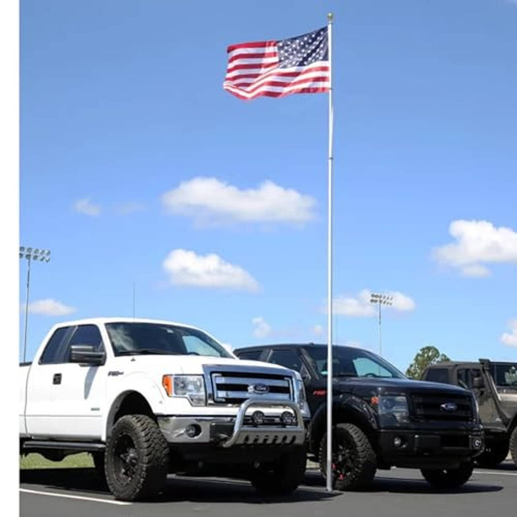 Portable flagpole on tire mount for pickup trucks, U.S. flag
