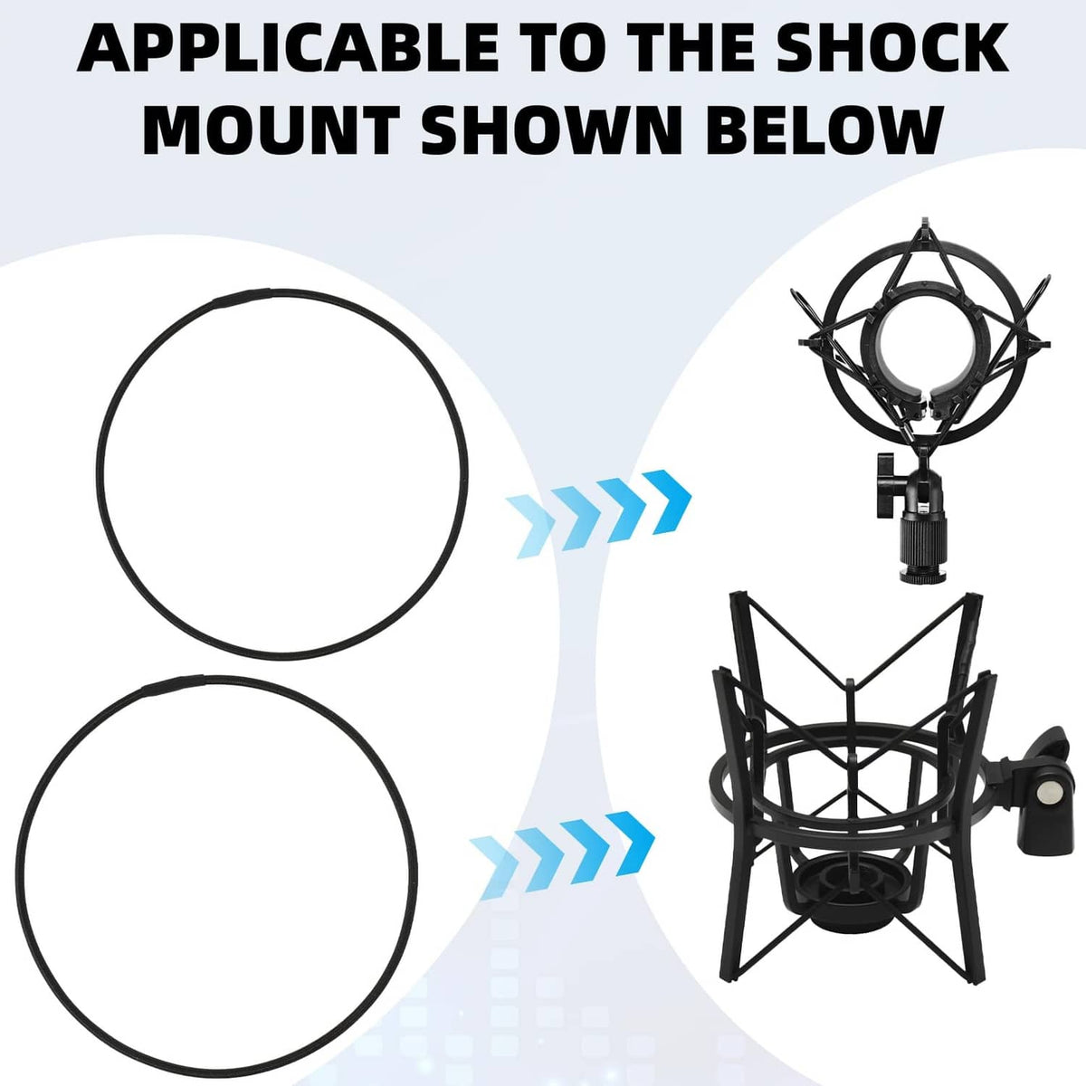 Black microphone shock mount rubber rings for shock mount compatibility, shown in pairs