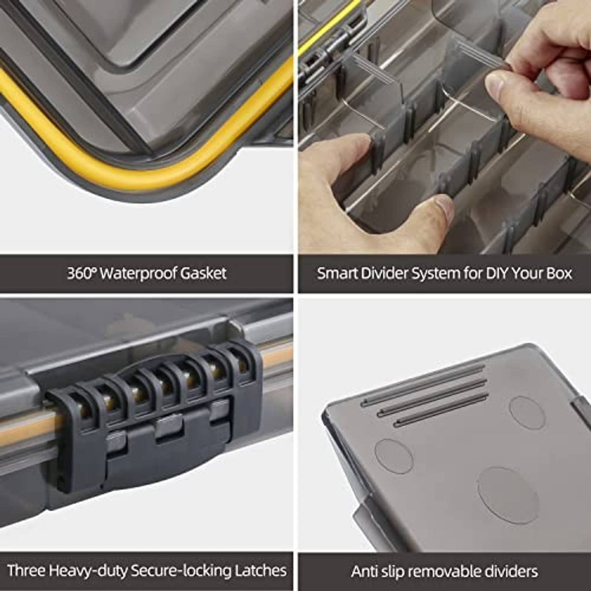 Gray tackle box with yellow 360° waterproof gasket, secure latches, removable dividers
