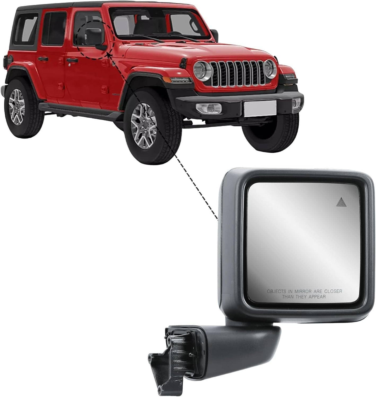 Black side mirror with blind spot indicator, shown with front vehicle view