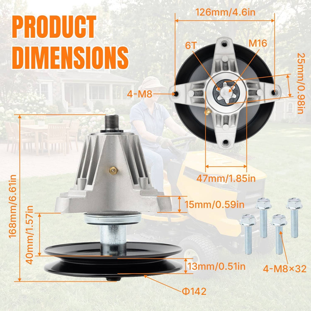 Deck spindle assembly shown in top and side views with size diagram